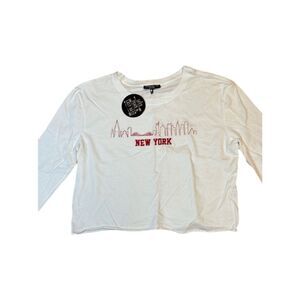 Over-sized New York Cityscape Crop Top, white, long sleeve Tee, Large